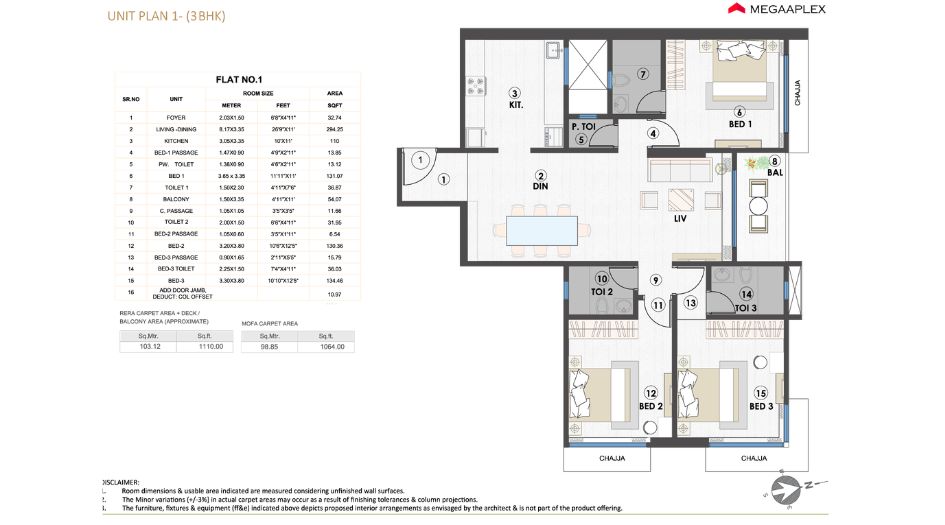 Megaaplex-Prime-Vista-Floor-Plan-3 BHK - 1064 Sqft